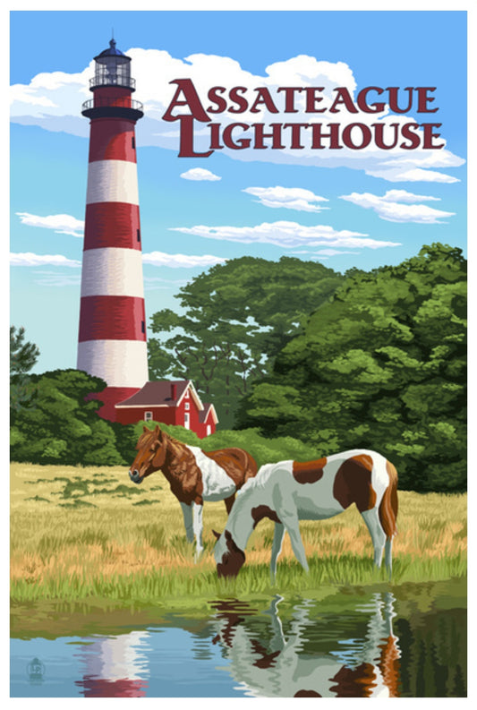 Lantern Press Postcard - Assateague Lighthouse - Horses Postcard - Postcrossing Postcard