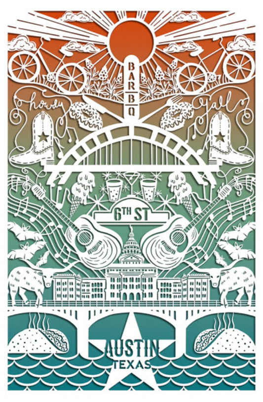 Lantern Press Postcard - Austin, Texas - Cut Paper - City Series featuring an illustrative postcard of Austin, Texas with various symbols and landmarks.