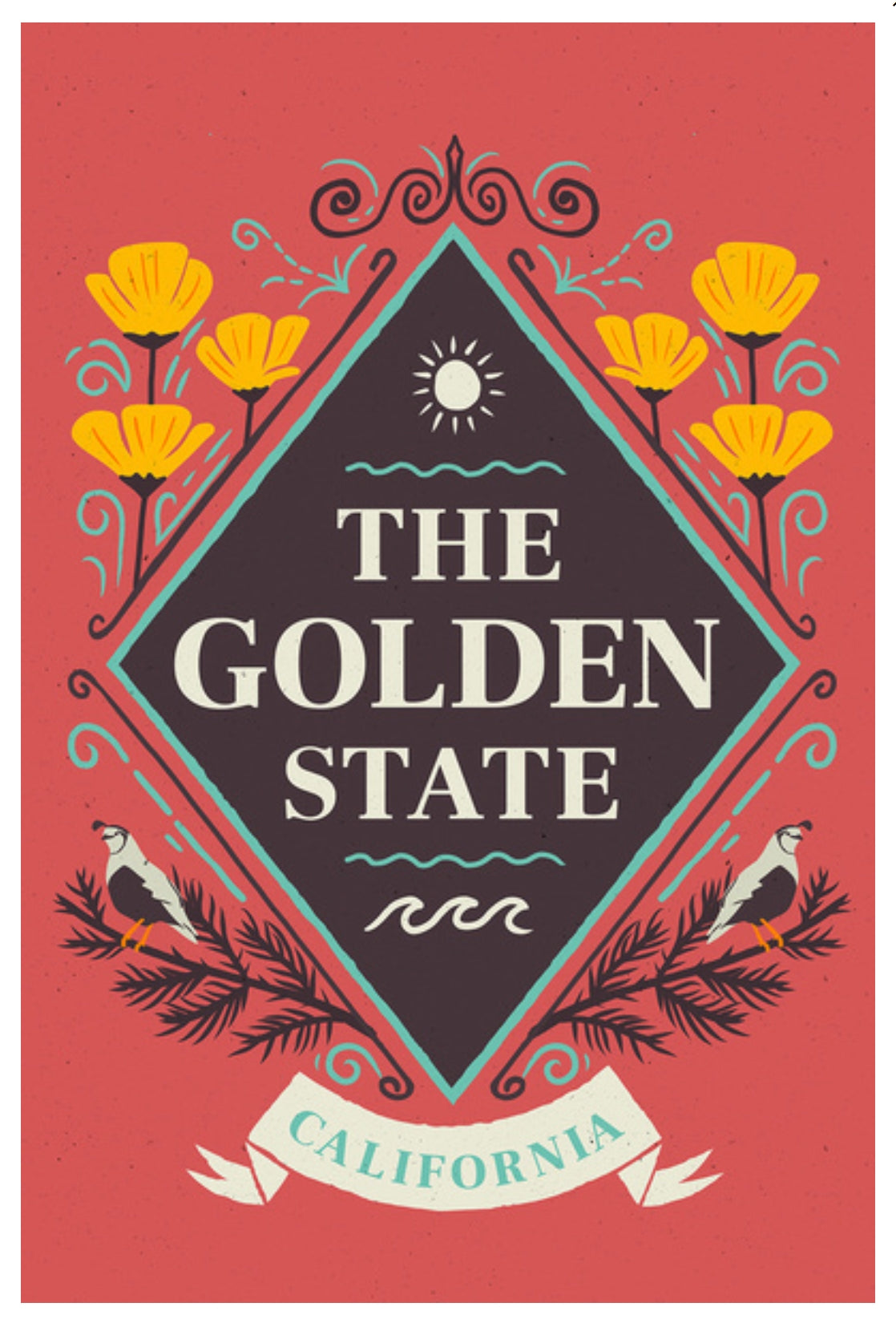 Lantern Press Postcard - California - State Motto Crest - State Series featuring poppies and the state motto The Golden State