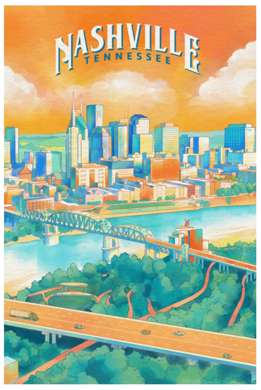 Lantern Press Postcard - Nashville, Tennessee - Luminous City - City Series featuring an illustration of Nashville, Tennessee with a cityscape and river.