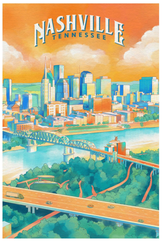 Lantern Press Postcard - Nashville, Tennessee - Luminous City - City Series featuring an illustration of Nashville, Tennessee with a cityscape and river.