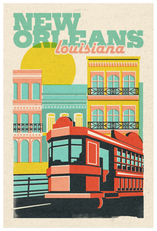 Lantern Press Postcard - New Orleans, Louisiana featuring a colorful illustration of a streetcar in New Orleans with buildings and a sun in the background.