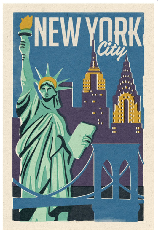 Lantern Press Postcard featuring an illustration of the Statue of Liberty and New York City skyline on a blue background