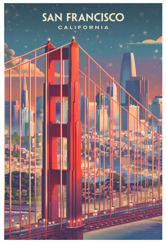 Lantern Press Postcard featuring an Illustration of the Golden Gate Bridge with San Francisco skyline in the background