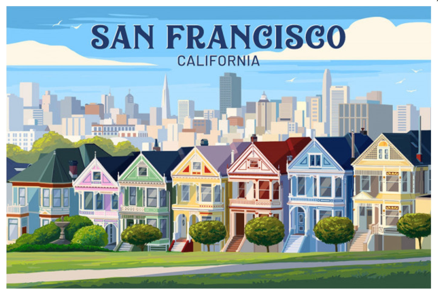 Lantern Press Postcard - San Francisco, California featuring the painted Ladies colorful houses in San Francisco with city skyline in the background