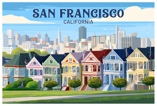 Lantern Press Postcard - San Francisco, California featuring the painted Ladies colorful houses in San Francisco with city skyline in the background