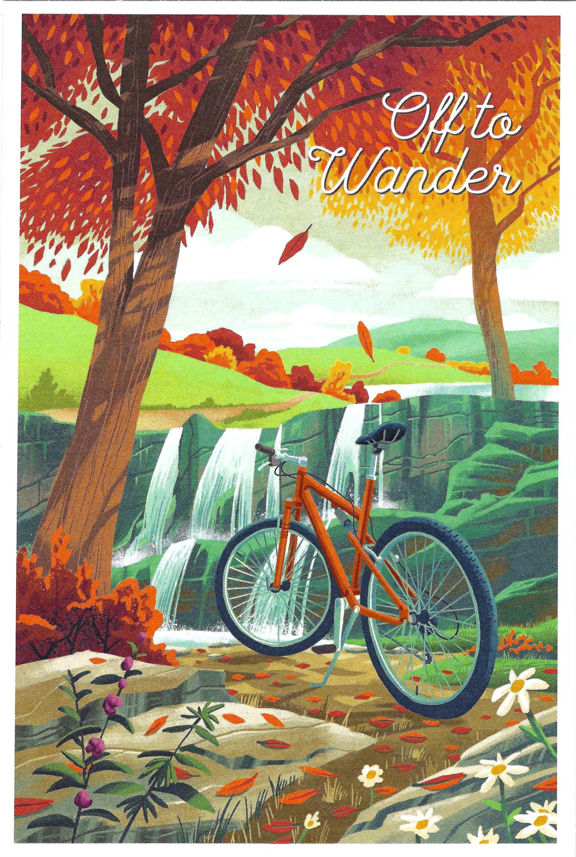 Autumn Postcard - bicycle by a waterfall - Lantern Press