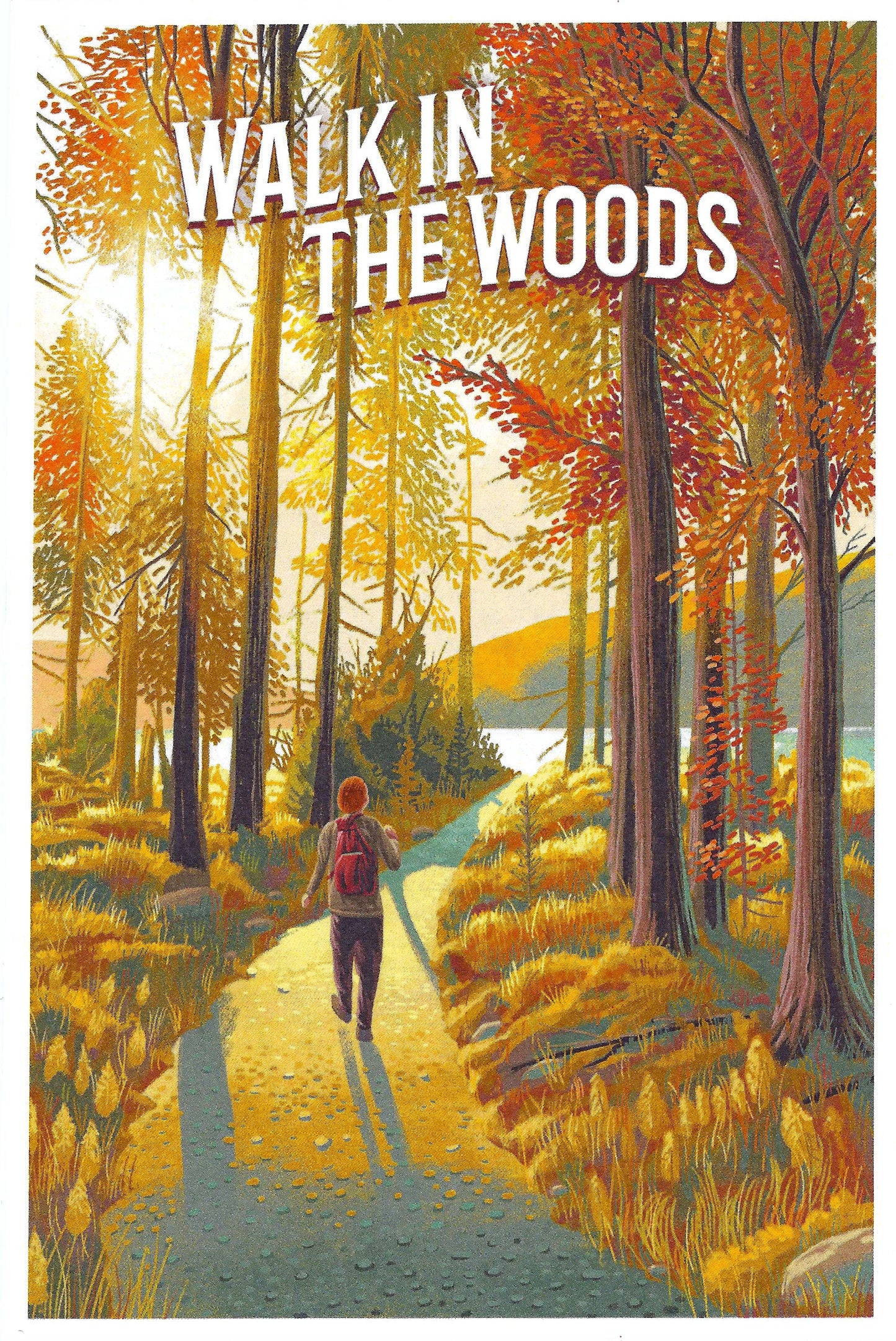 Lantern Press Hiking Postcard - forest with autumn foliage and 'Walk in the Woods' text.