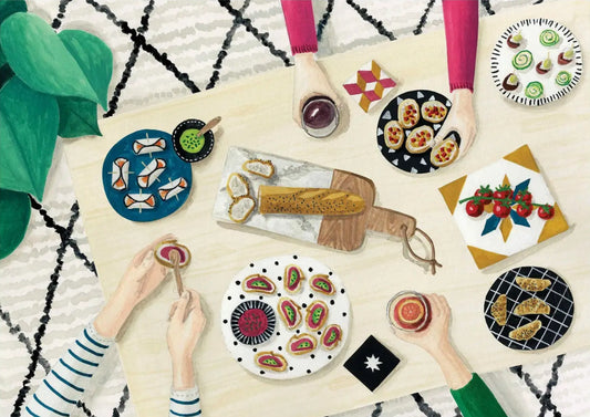 L'aperitif Postcard by Mélanie Voituriez featuring people gathered at a perfectly arranged table with food and drinks.