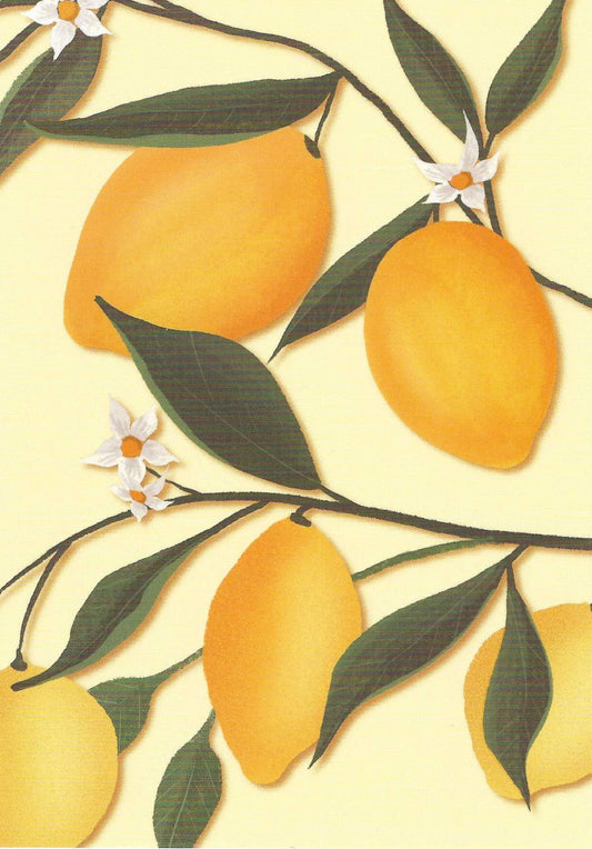 Lemon Branch Postcard by Nobis Design featuring lemons, leaves on and flowers a yellow background