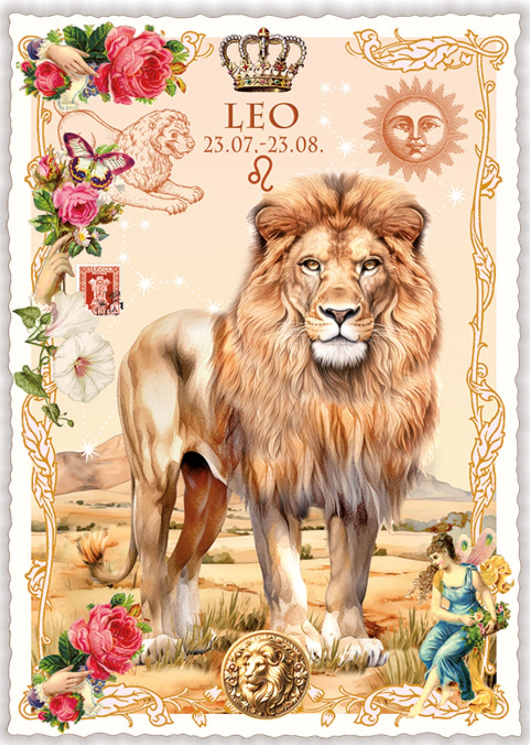 Leo Zodiac Sign Postcard by Edition Tausendschön  featuring a lion, floral elements, and astrological design for Leo sign.