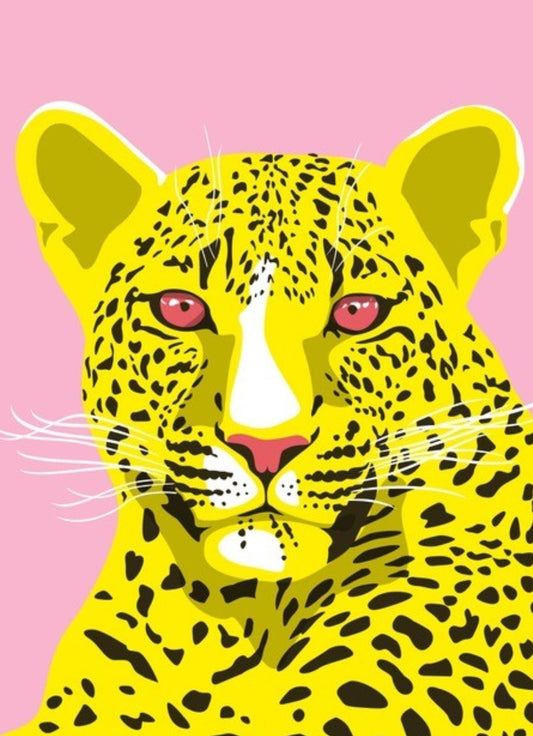 Leopard Postcard by Nobis Design featuring a graphic illustration of a leopard's face and upper chest in bright yellow with black spots, pink eyes, and a pink background.