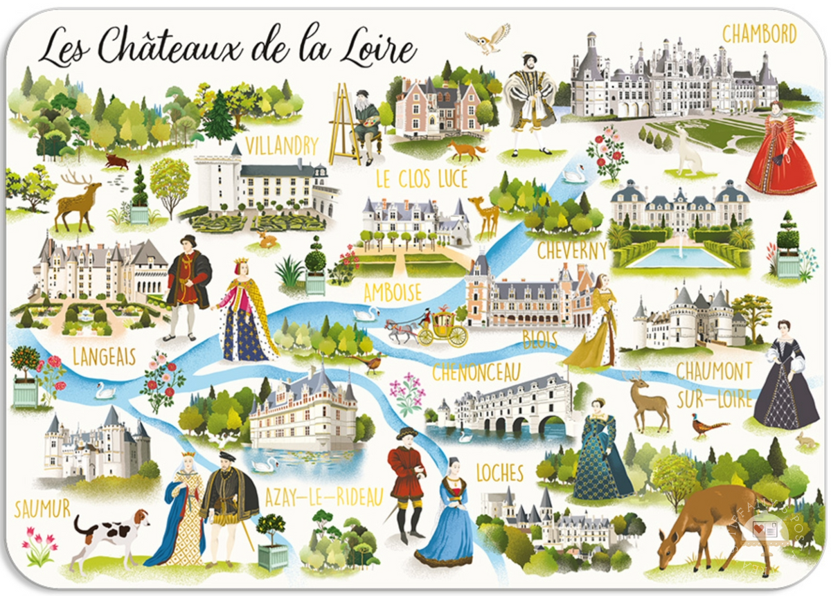 Les Chateaux de la Loire Postcard by Cartes d'Art featuring an illustrated map titled 'Les Châteaux de la Loire' showing various Loire Valley châteaux, figures in historical clothing, animals, trees, and a winding blue river on a white background.