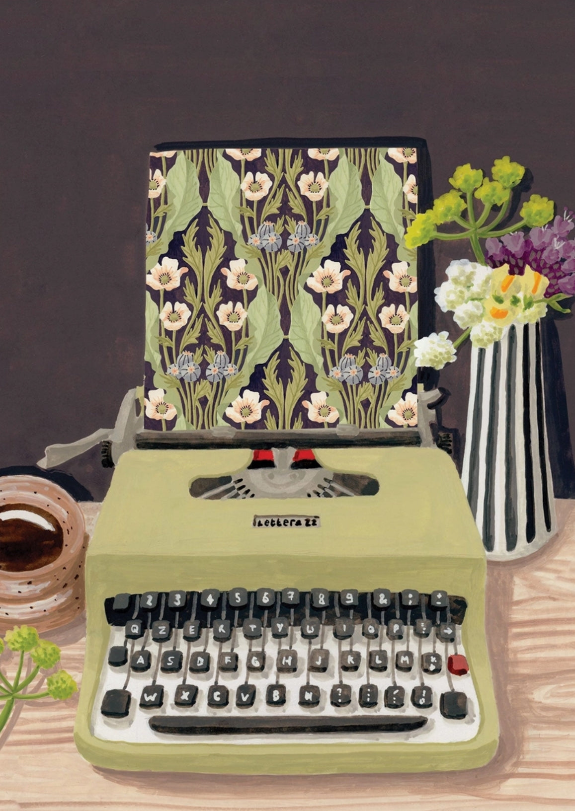 Lettera Postcard by Melanie Voituriez featuring a vintage typewriter and flowers.