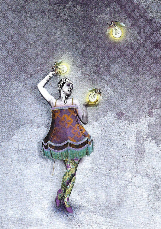 Lightbulb Postcard by La Tack for Nobis Design featuring an illustration of a woman in a purple and orange patterned Lampshade dress with green fringe, holding glowing pear-shaped lightbulbs with wings, against a textured gray and purple background