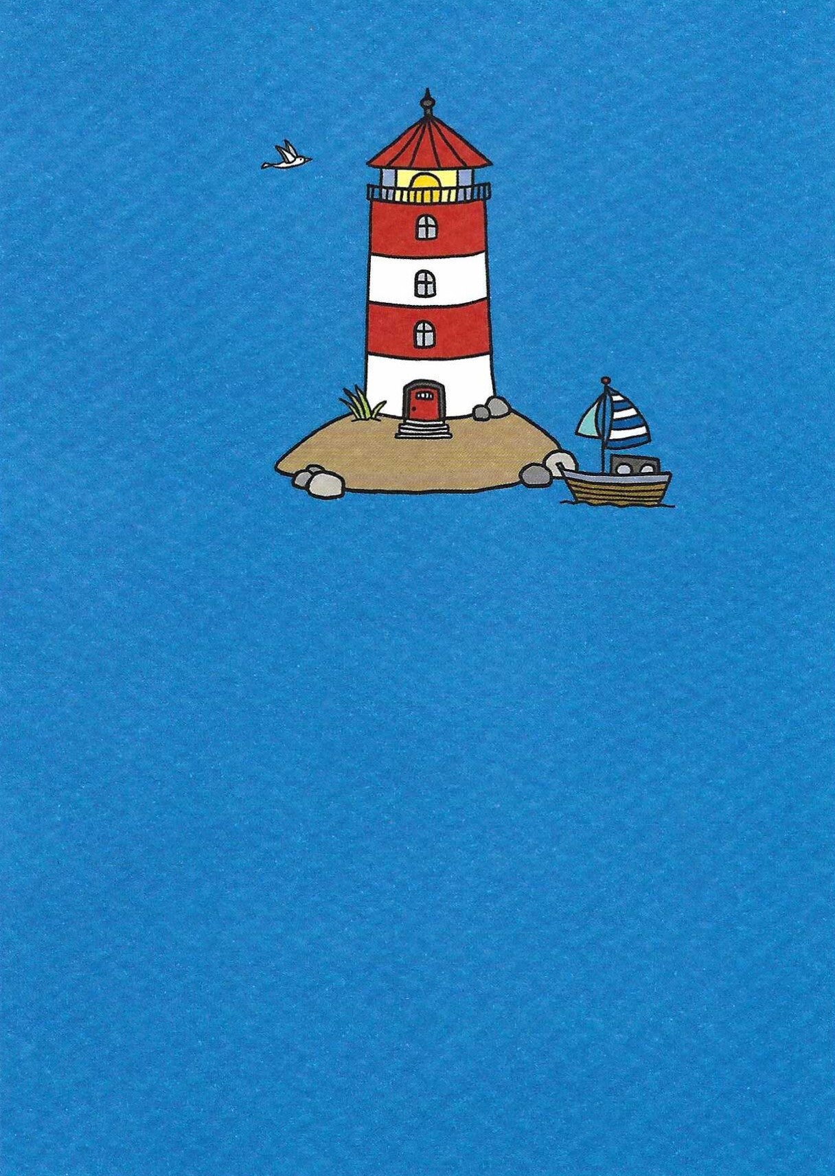 Lighthouse Postcard by Charles Bartsch featuring an illustration of a lighthouse and boat on a blue textured background with varnish details