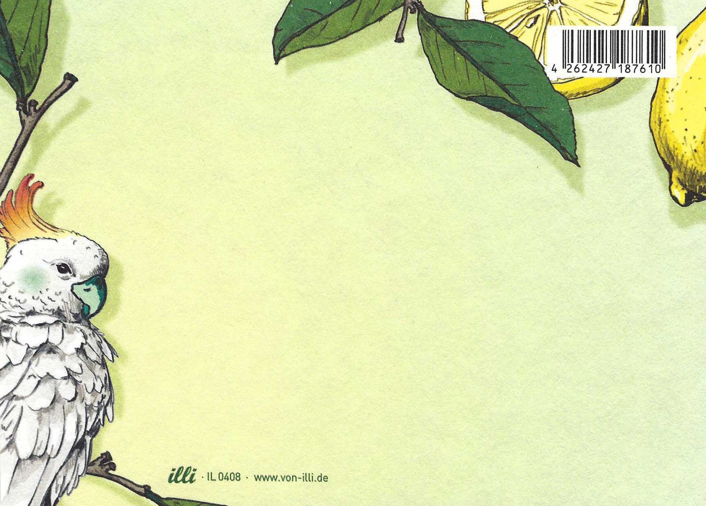 illi postcard back featuring an illustration of a Cockatiel and lemons on a light yellow background
