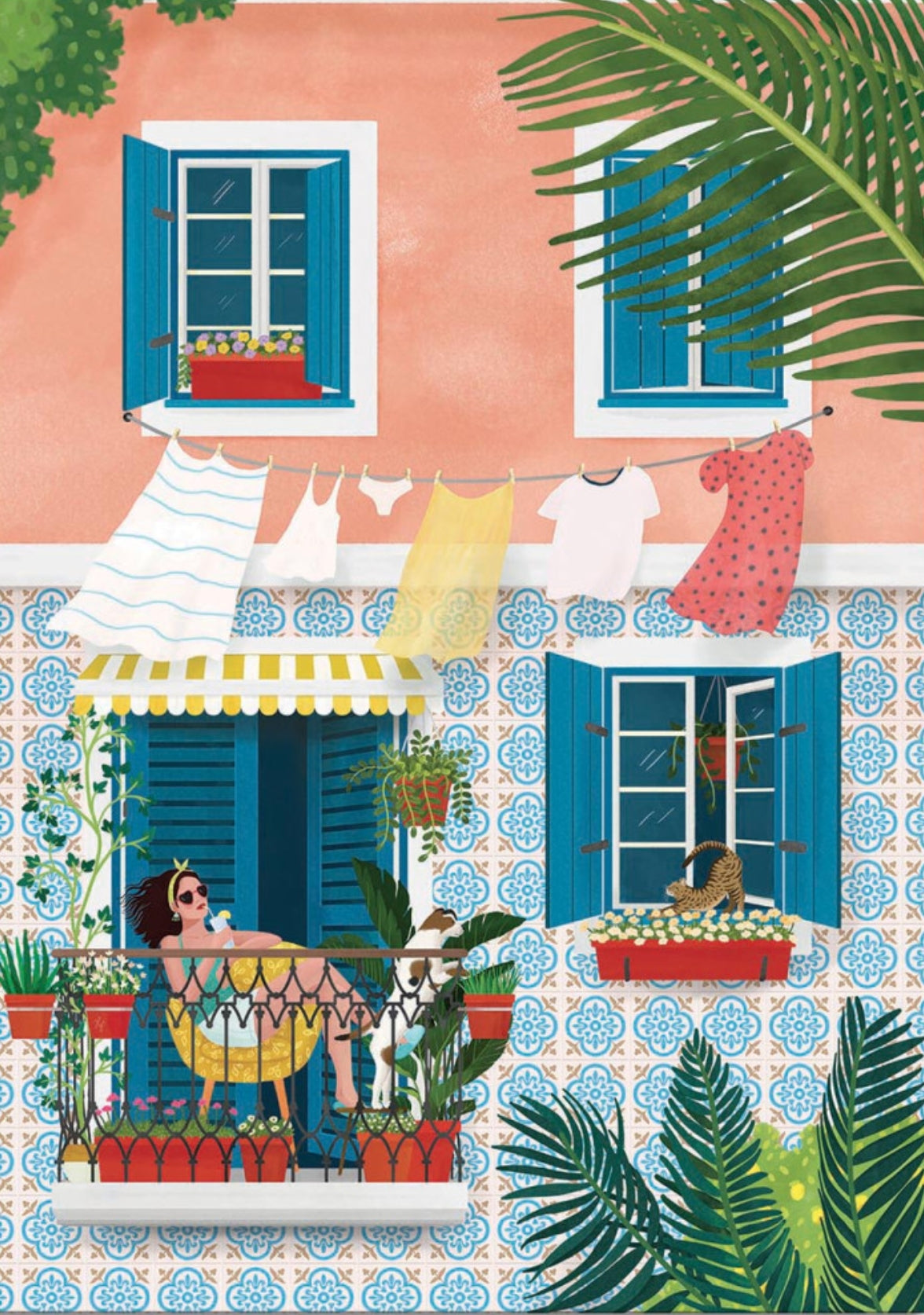 The Sunlit Balcony Postcard by Petra Holikova features an illustration of a woman sitting on a balcony with a dog, surrounded by plants with laundry hanging.