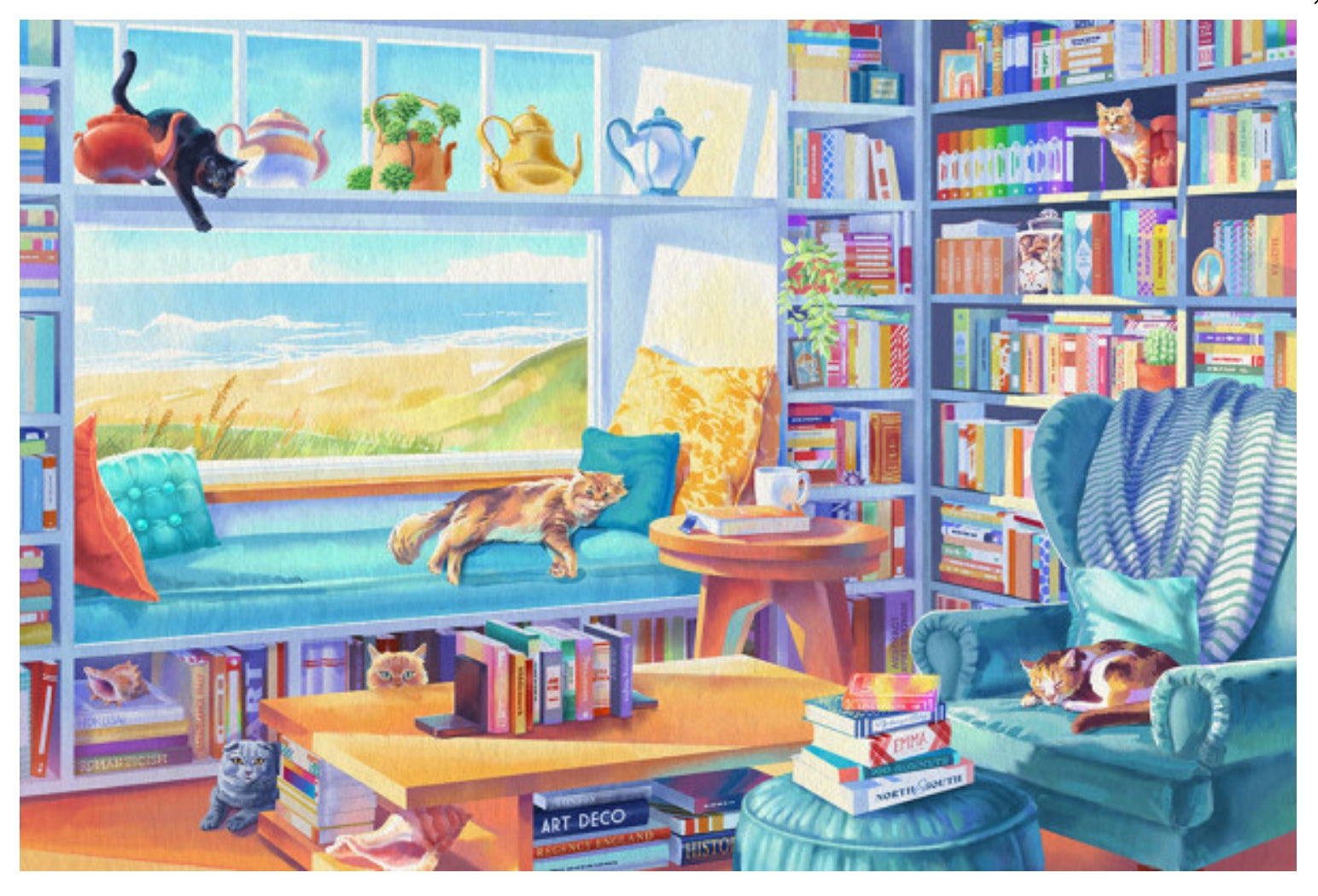 Literary Beach Cats Lantern Press Postcard featuring a colorful illustration of a cozy room with cats, books, bookshelves with a sea view out the window.