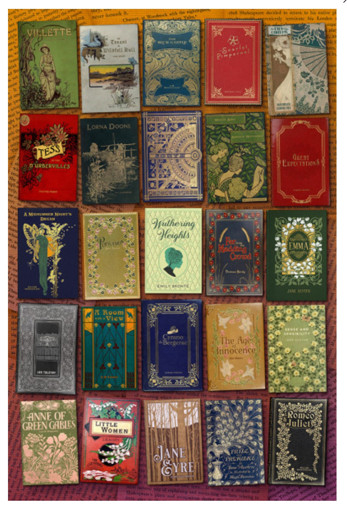 Literary Romance Collage Postcard by Lantern Press feturinag a collage of vintage book covers arranged in a grid, with a warm orange-brown border and a reddish-purple textured edge. Visible book titles include Anne of Green Gables, Jane Eyre, Little Women, The Age of Innocence, and others in an ornate illustrated style.