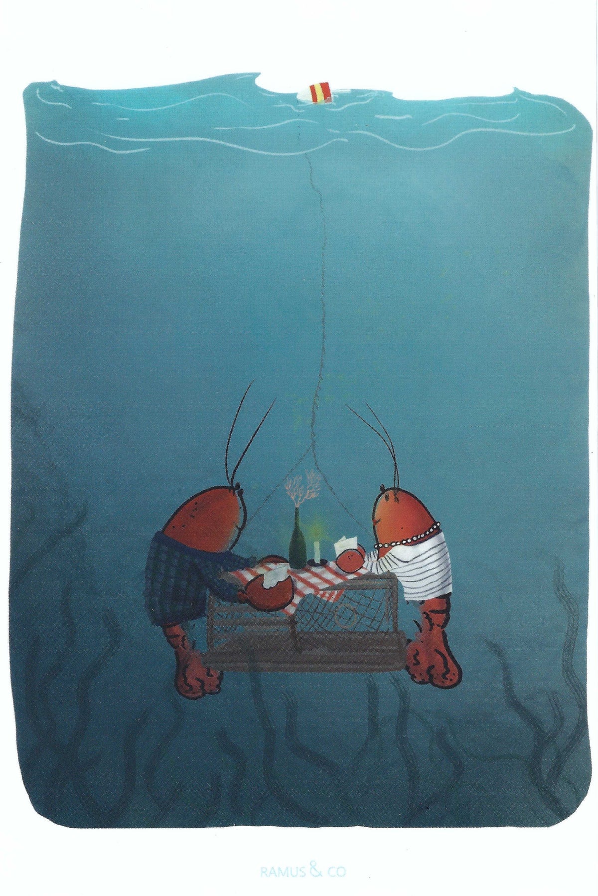 Lobster Date Postcard by Ramus &  Company featuring two lobsters at a table and a bottle of wine.