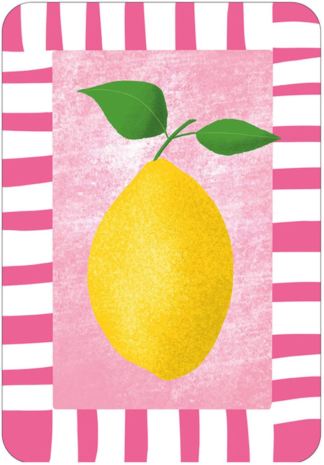 Lollipop Lemon Postcard by Nobis Design featuring a yellow lemon with green leaves on a pink background with pink stripes