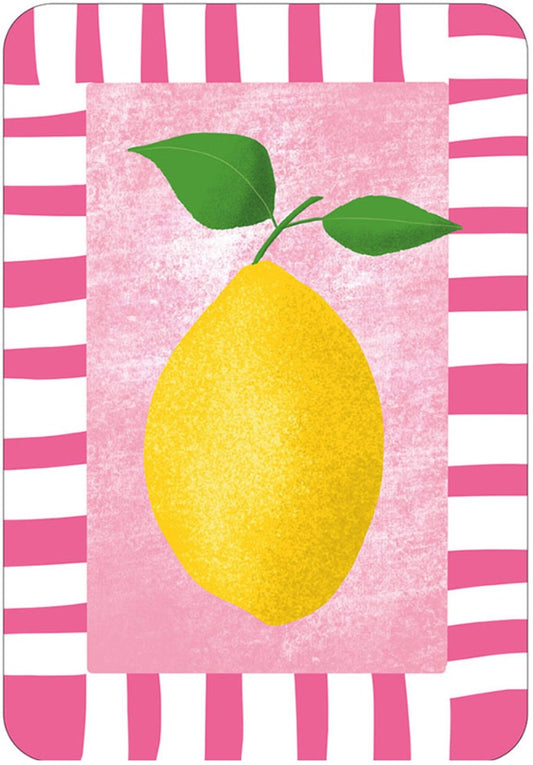Lollipop Lemon Postcard by Nobis Design featuring a yellow lemon with green leaves on a pink background with pink stripes