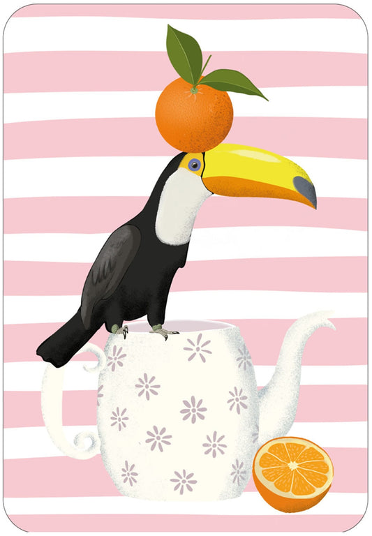 Teapot Toucan Postcard by Nobis Design featuring a toucan with an orange standing on a teapot on a pink and white striped background