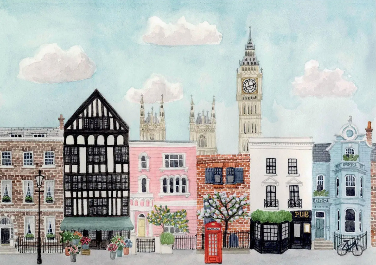 London-themed illustrated postcard by Mélanie Voituriez featuring Big Ben, red phone booth, and iconic city elements—perfect for Postcrossing and travel-inspired snail mail.