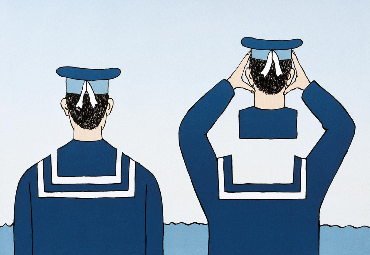 Lookout Postcard by Inkognito showing two men from behind wearing matching dark blue sailor uniforms with white trim and dark hair, set against a pale blue background. It is humorous as one is lifting his head up away from his body for a better view.