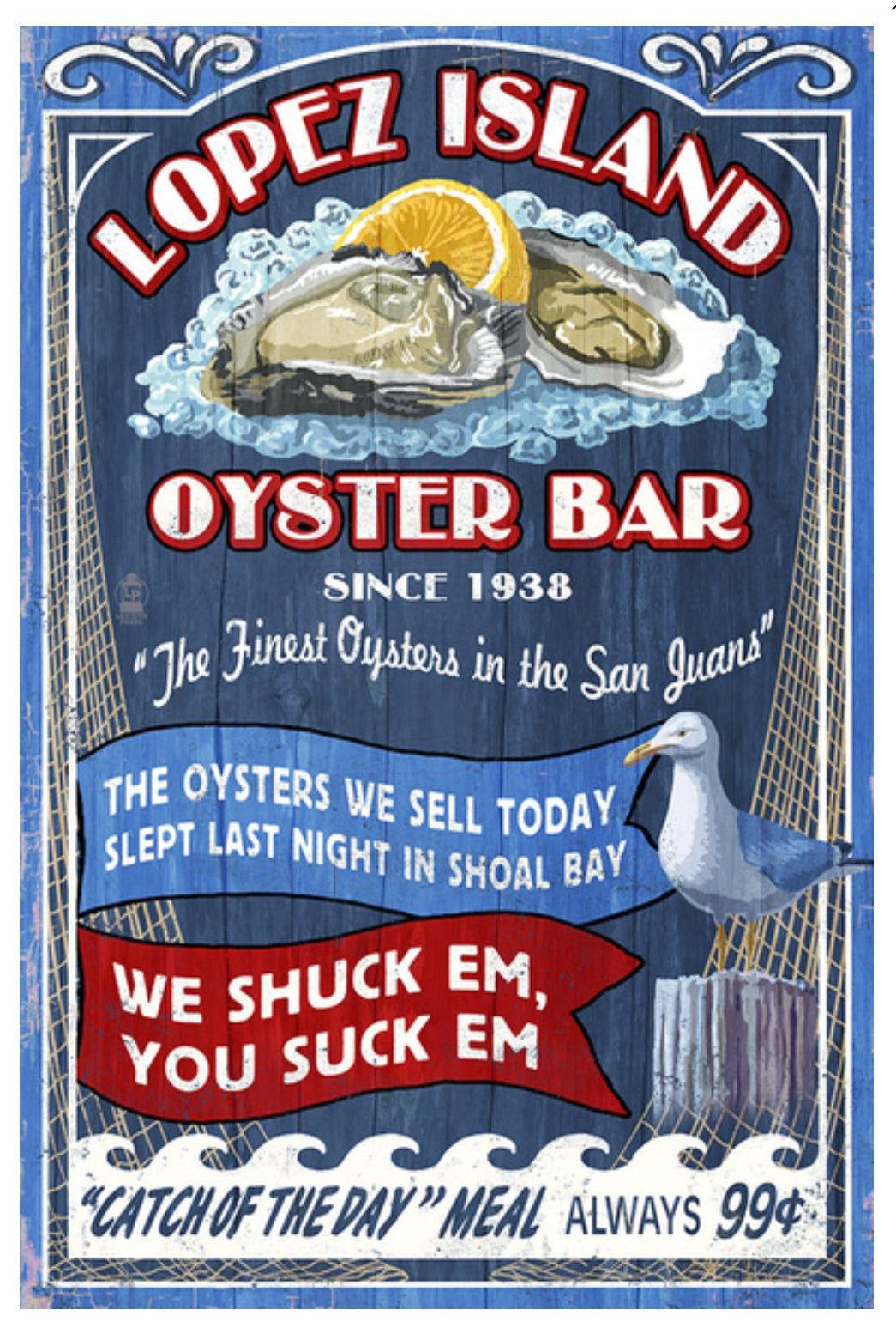 Lantern Press Postcard featuring an advertisement for Lopez Island Oyster Bar with oysters, a seagull, and promotional text on a blue background.