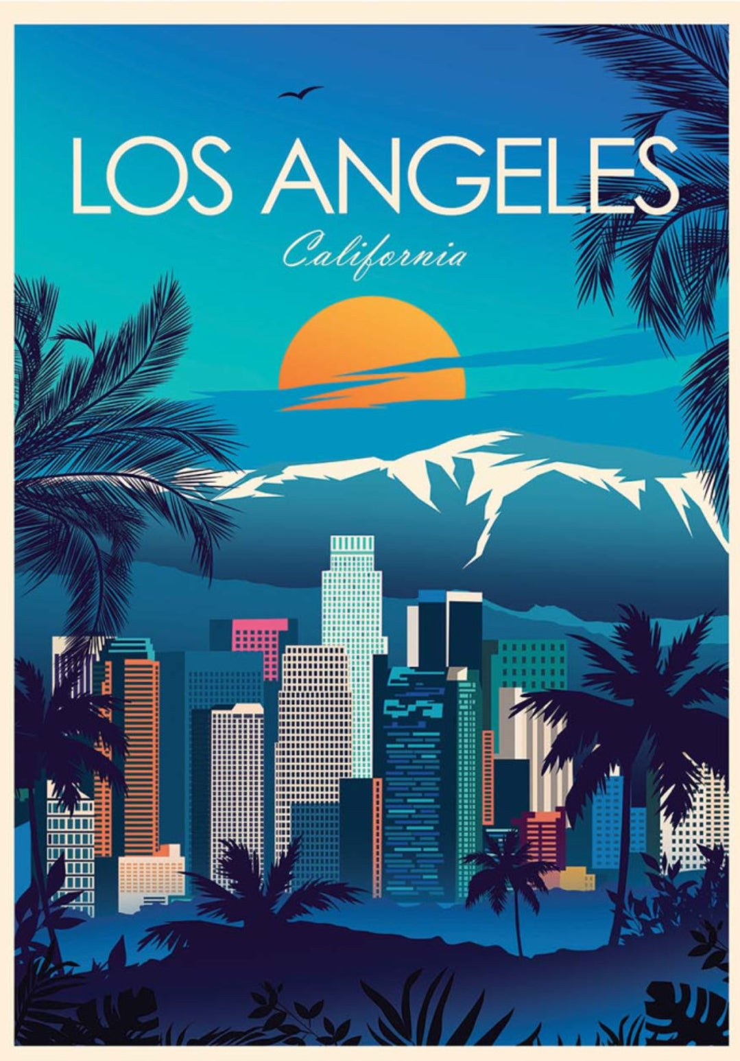 Los Angeles Postcard by Studio Inception featuring an illustration of Los Angeles with palm trees and a city skyline.