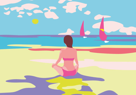 Postcard by Limoncella for Nobis Design featuring a woman sitting on a beach in a yoga pose with a colorful sky and sailboats.