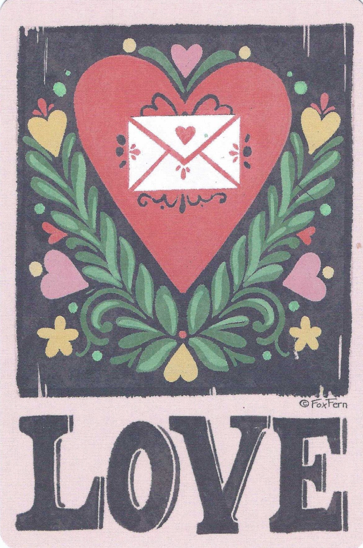 Love Letters Heart Postcard by  FoxFern Studios featuring a decorative postcard with a heart, envelope, and 'LOVE' text on a dark background