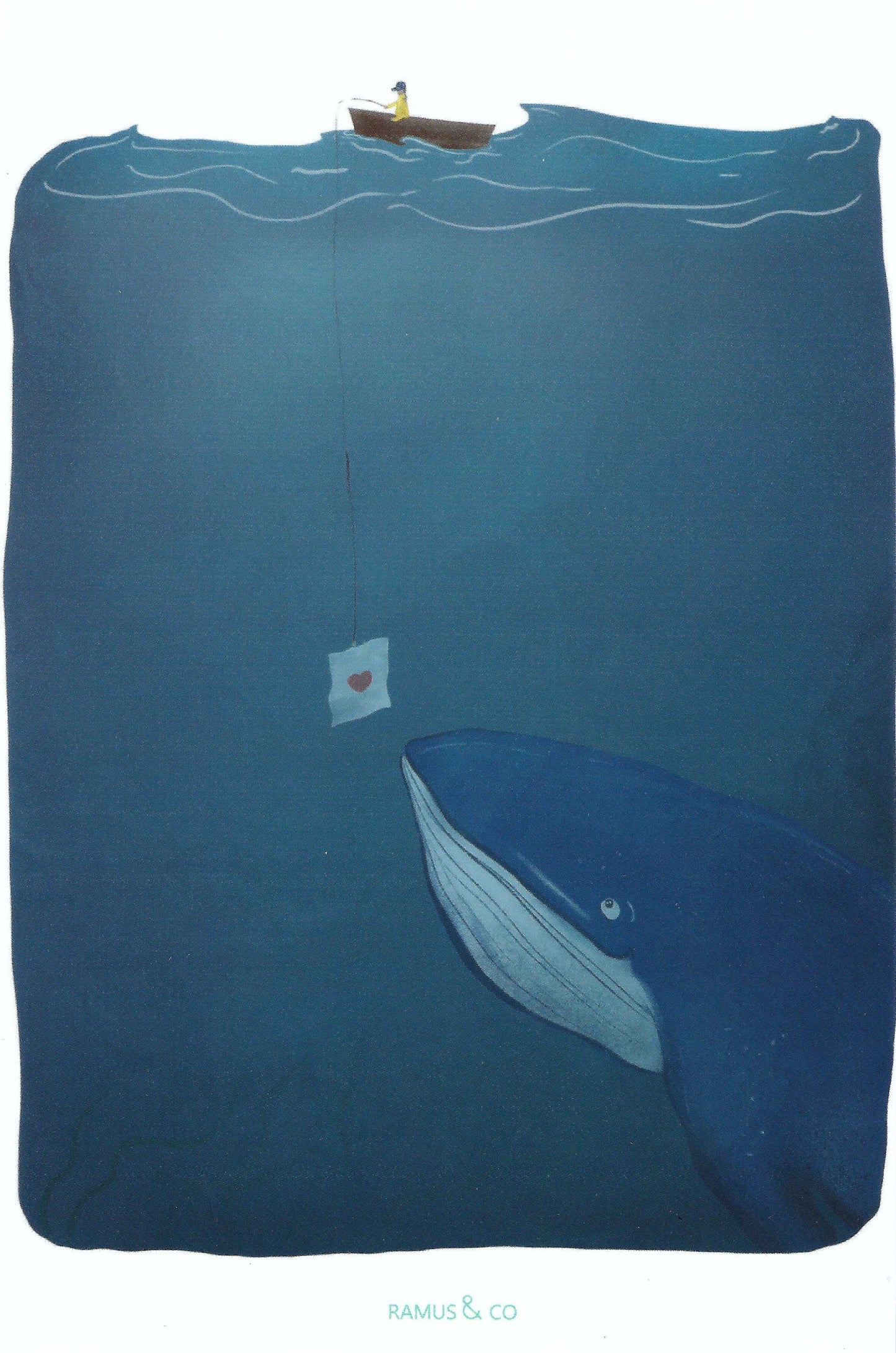 Love Note Whale Postcard by Ramus & Company with a whale and a love note on a fishing line from a boat