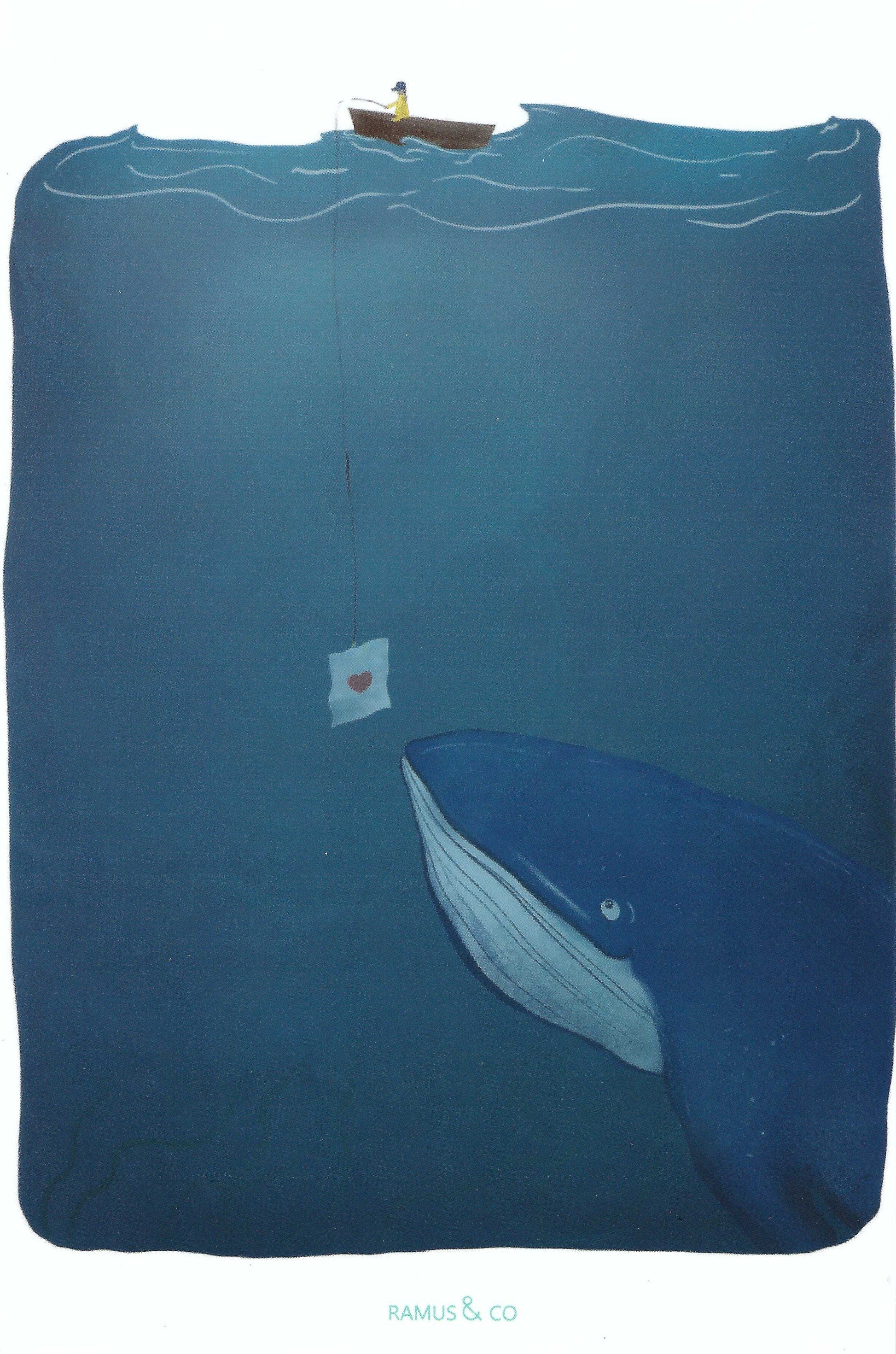 Love Note Whale Postcard by Ramus & Company with a whale and a love note on a fishing line from a boat