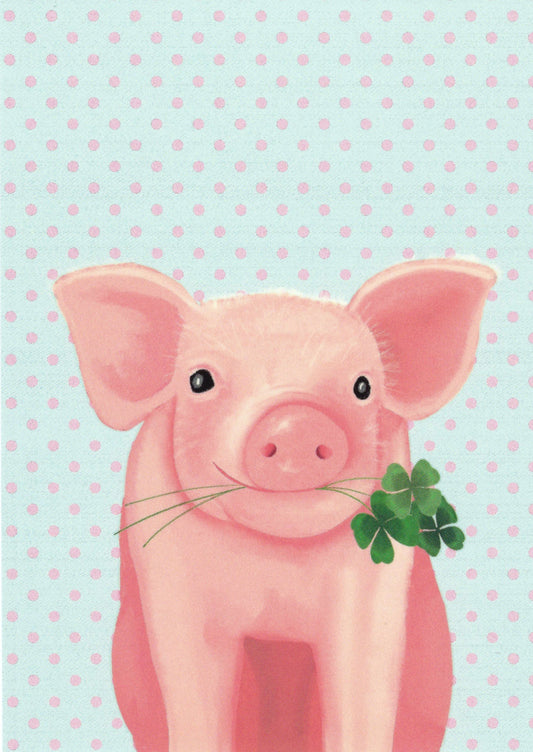 Lucky Pig Postcard by Nobis Design featuring an illustration of a pink pig holding lucky clovers on a light blue background with pink polka dots.