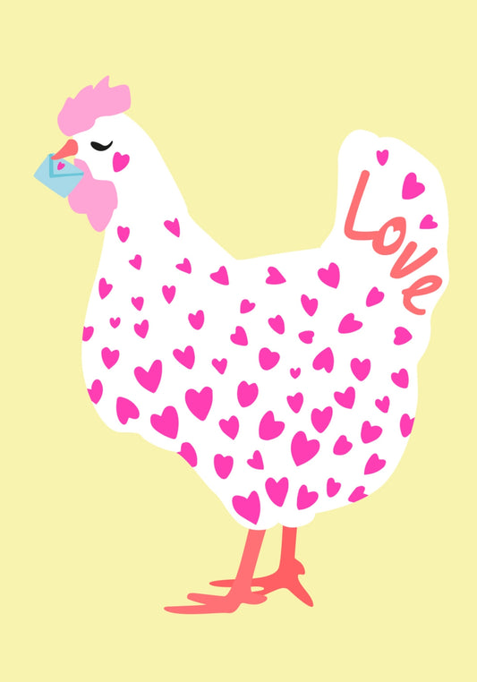 Love Chicken Postcard by Nobis Design featuring a chicken with pink hearts and 'Love' on a yellow background