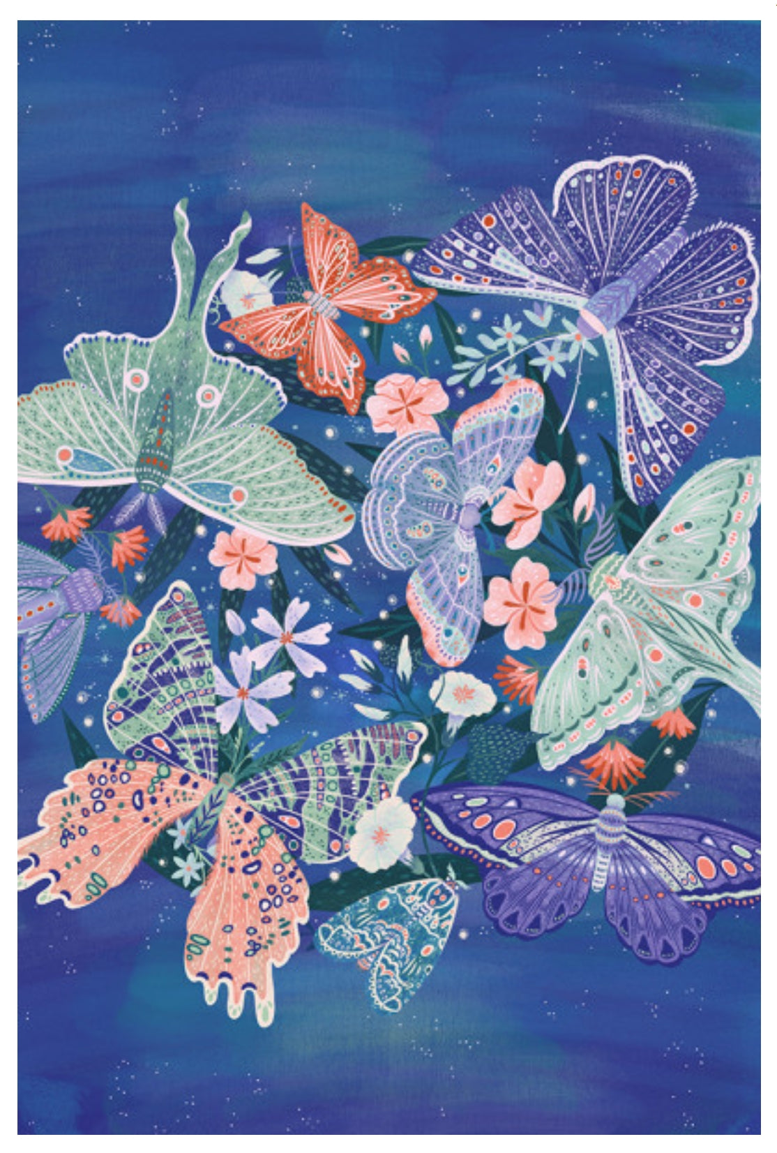Luminous Butterflies Postcard by Lantern Press features multiple illustrated butterflies in purple, green, pink, and orange and flowers.