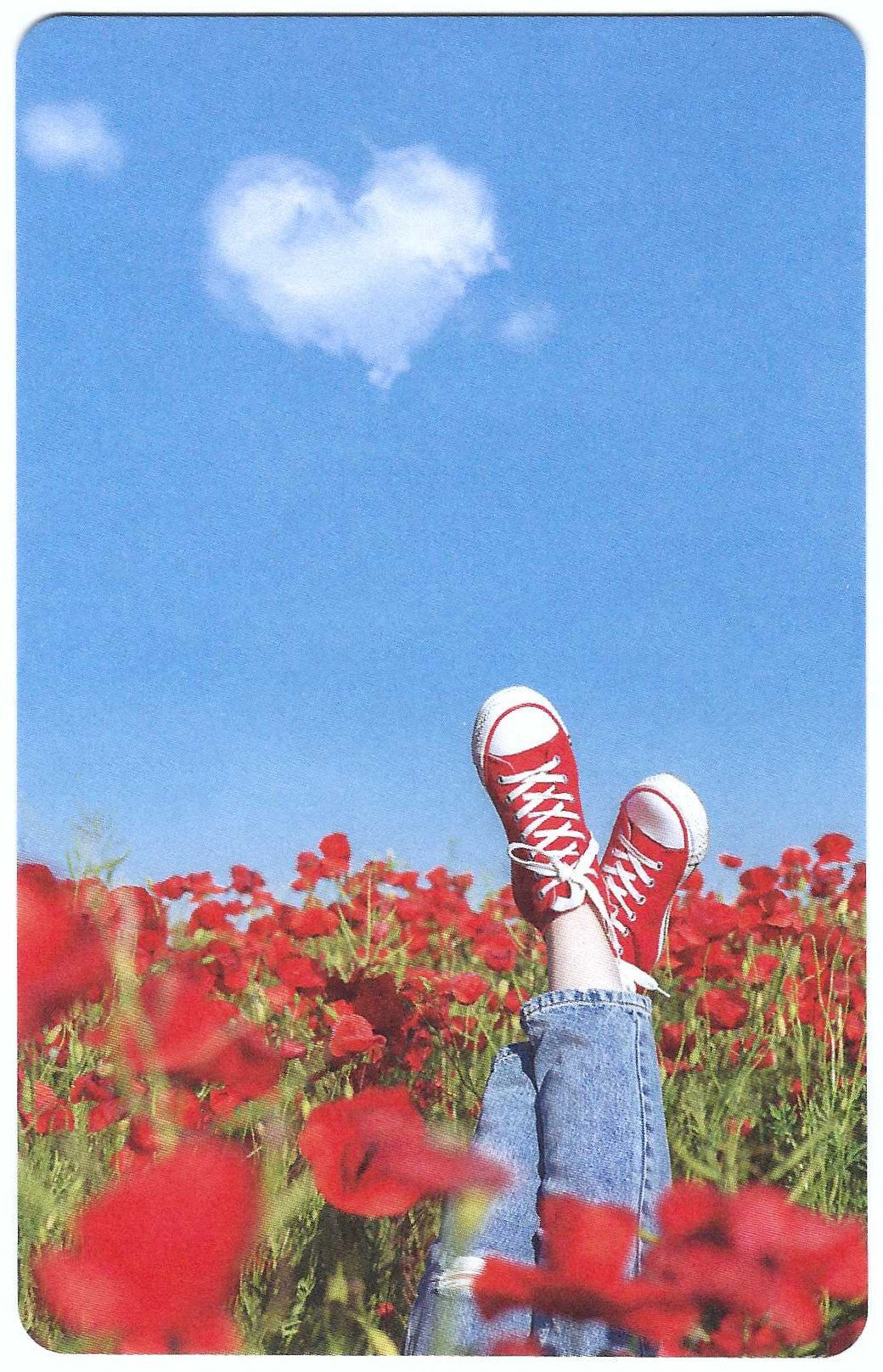 Red Poppy Meadow Mini Postcard by Luna Cards featuring red sneakers and blue jeans in a field of red flowers with a heart-shaped cloud in the sky.