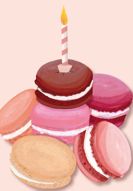 Macarons Postcard by Toni Starck for Nobis Design featuring an illustration of macarons with a candle on a pink background