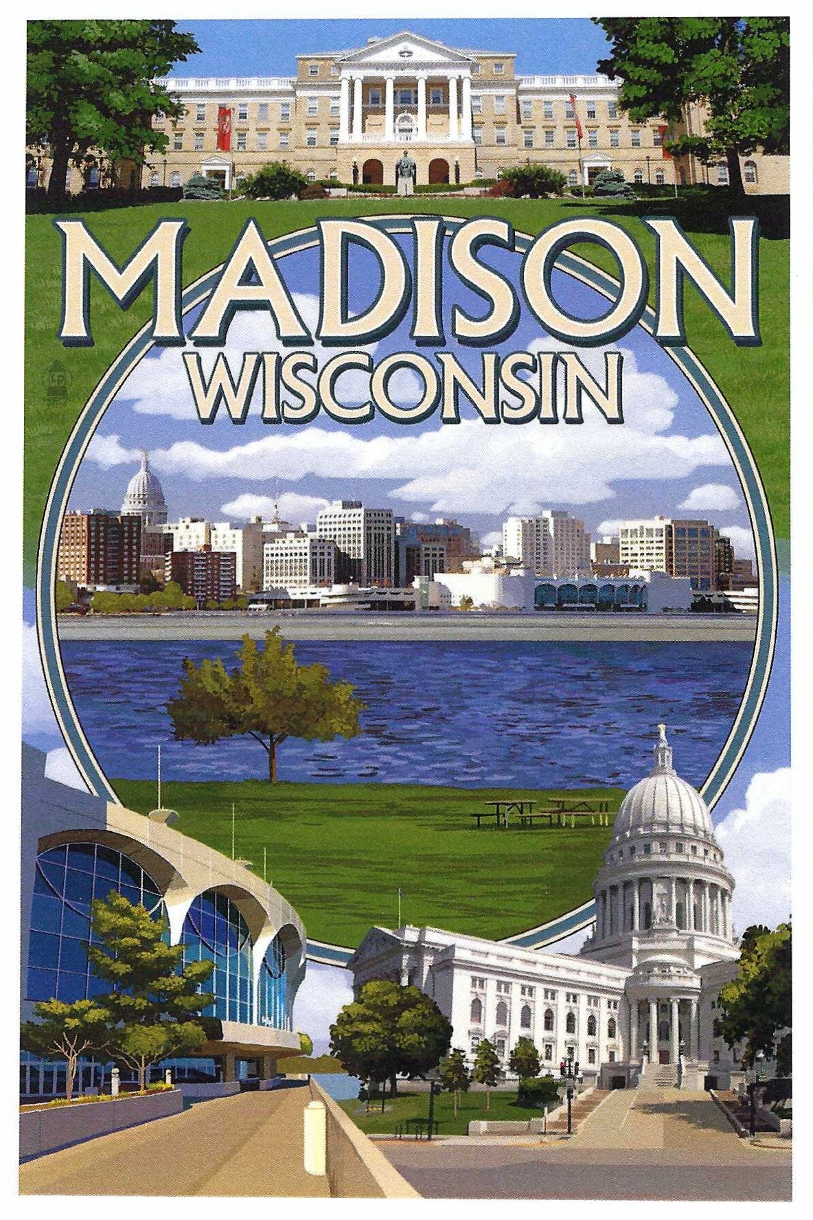 Lantern Press Postcard of Madison Wisconsin featuring montage scenes with landmarks and a lake.