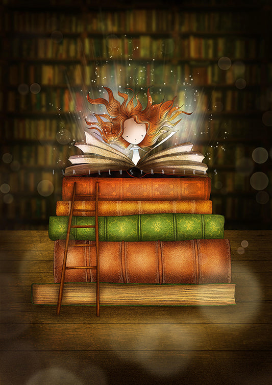 Magic book Postcard by Ila Illustrations featuring a whimsical illustration of an open book with glowing magical effects and a small girl, resting on a stack of vintage books with a wooden ladder in a library setting.
