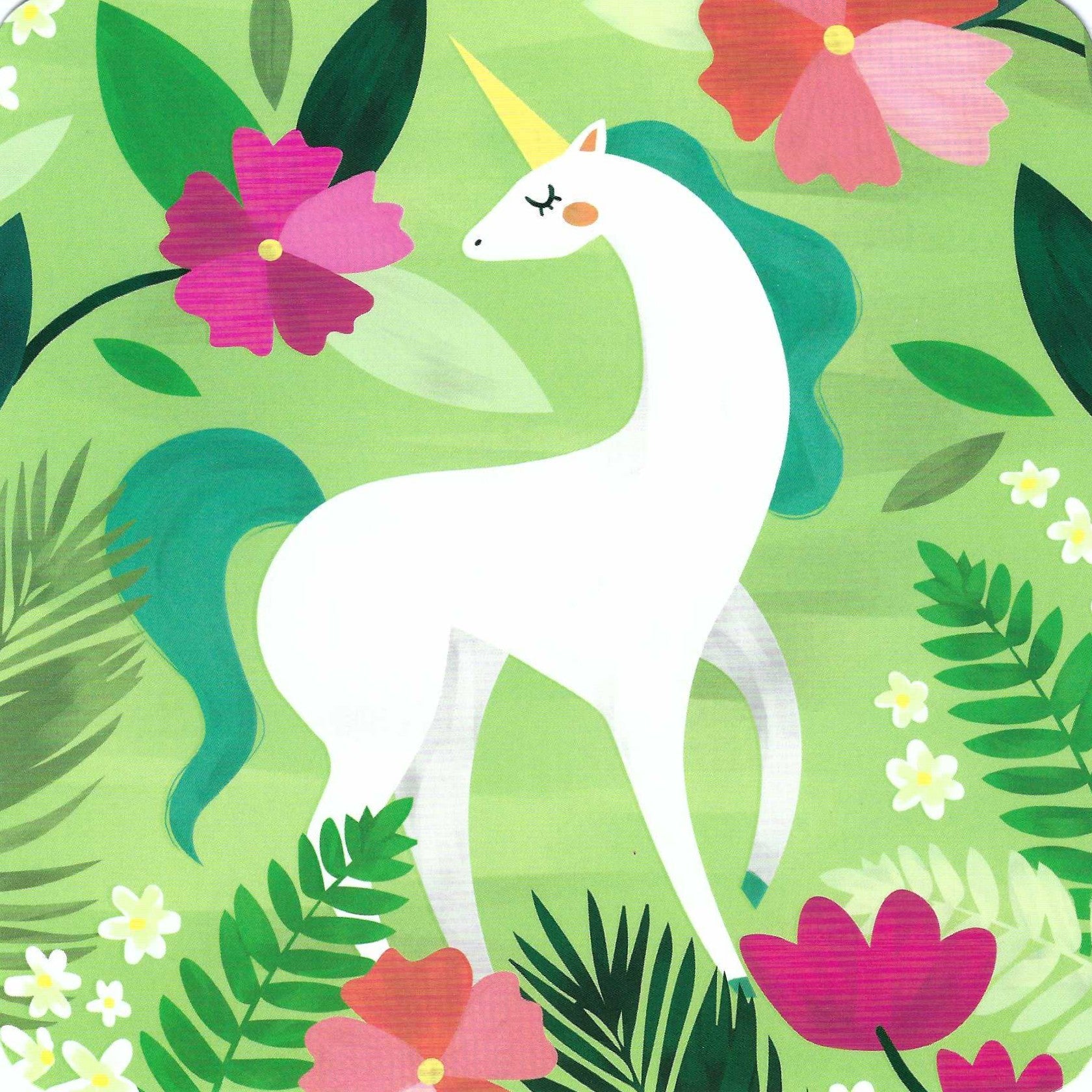 Editor - Art of Emotion Postcard featuring a unicorn surrounded by colorful flowers and leaves on a green background