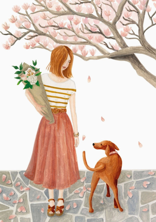 Magnolia - Girl and Dog Postcard by Mélanie Voituriez featuring and illustration of a woman with a dog under a magnolia tree.