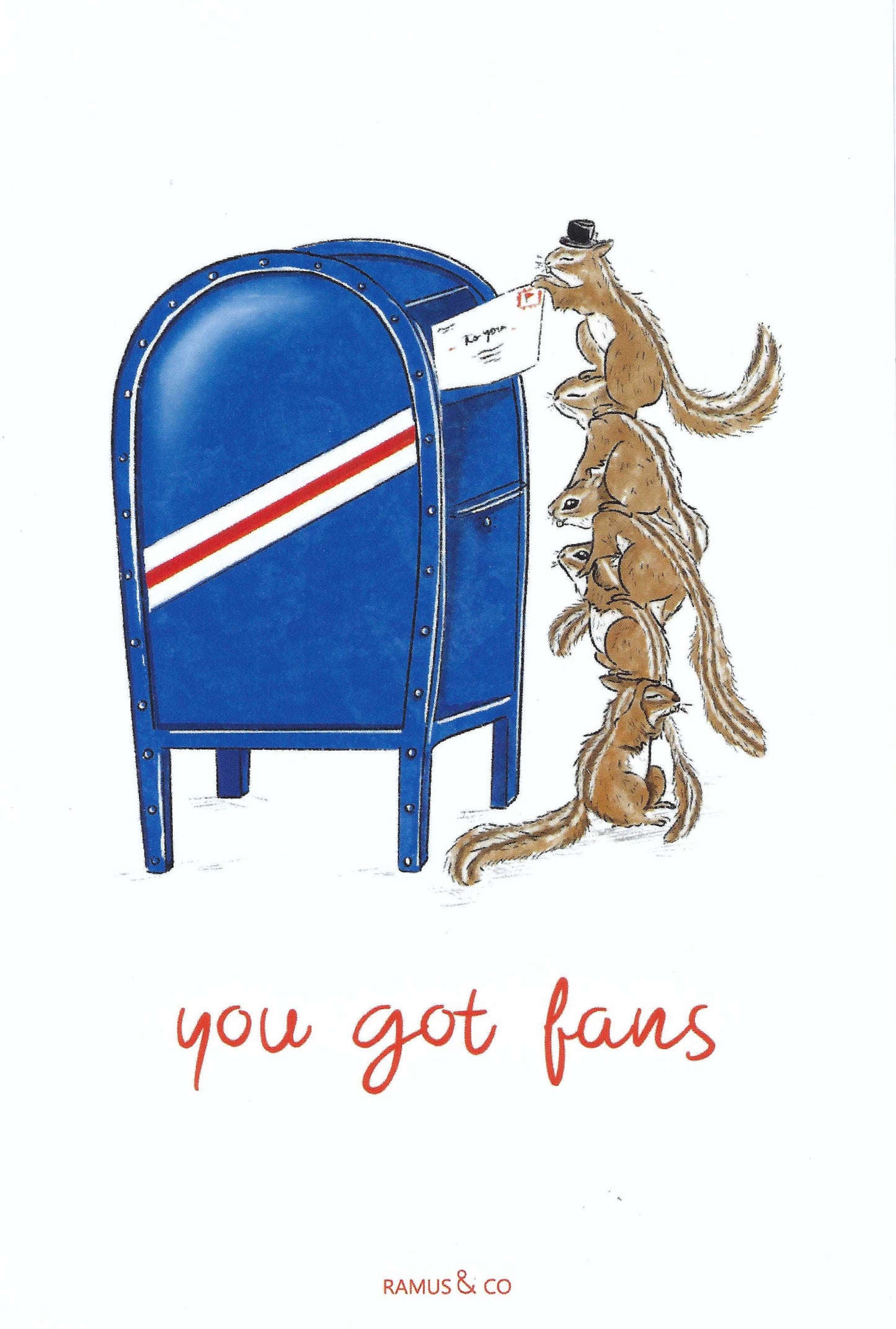 You Got Fans Postcard by Ramus & Company featuring chipmunks mailing a letter in a Blue mailbox