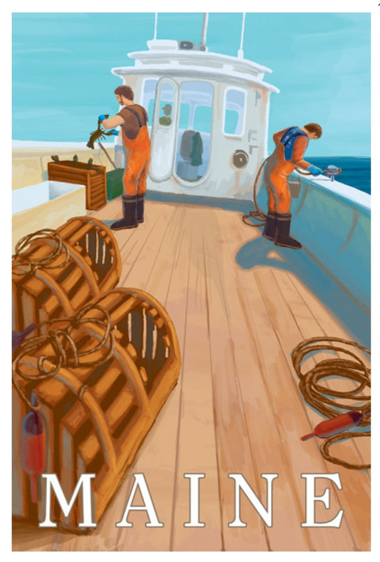 Lantern Press Postcard featuring an illustration of a lobster boat with workers on the deck and lobster pots featuring the word 'MAINE'.