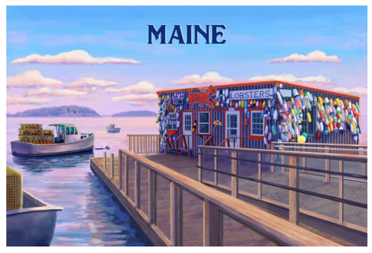 Lantern Press Maine Postcard featuring an illustration of a dock with a lobster shack and boats in Maine