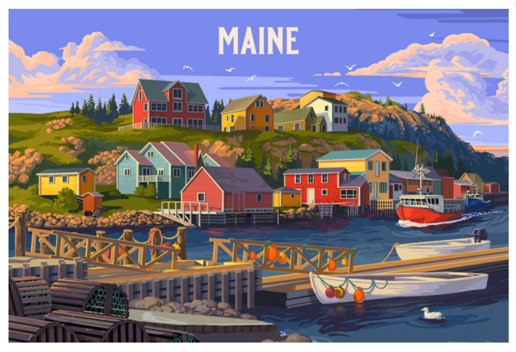 Lantern Press Postcard featuring an illustration of a coastal town in Maine with colorful houses, lobster traps and boats.