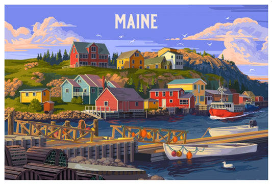 Lantern Press Postcard featuring an illustration of a coastal town in Maine with colorful houses, lobster traps and boats.